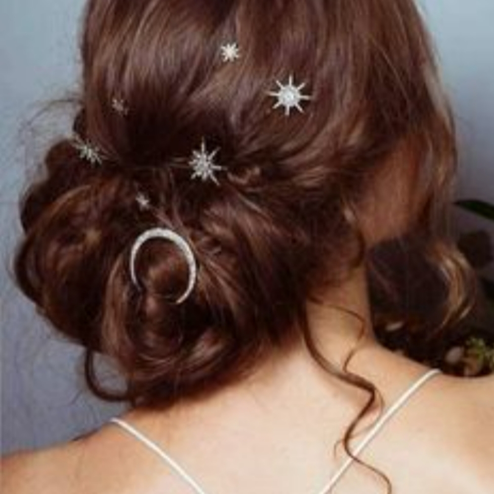 Set of 3 Silver Crystal Crescent Moon and Stars Starburst Hair Pins Rhinestone